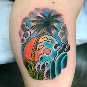 Get inked with a unique neo-traditional design featuring sun, tree, waves, and finger waves by tattoo artist Darren Brass.