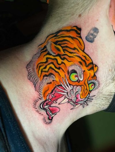 Stunning illustrative tiger design by Darren Brass, perfect for bold statement on your neck.