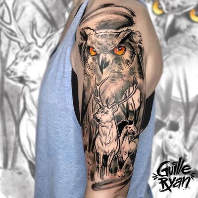 Animales 🐴🦌🦉Tattoo para @mrb_ginkgo_biloba Hecho en @whynot.tattoo Para tatuarte escríbeme a guilleryanarttattoo@gmail.com....#blackworktattoo #woods #deer #owl #horse #sketchtattoo #tattoosbarcelona #custommade #illustrations #tattoodesign #lisbontattoos
