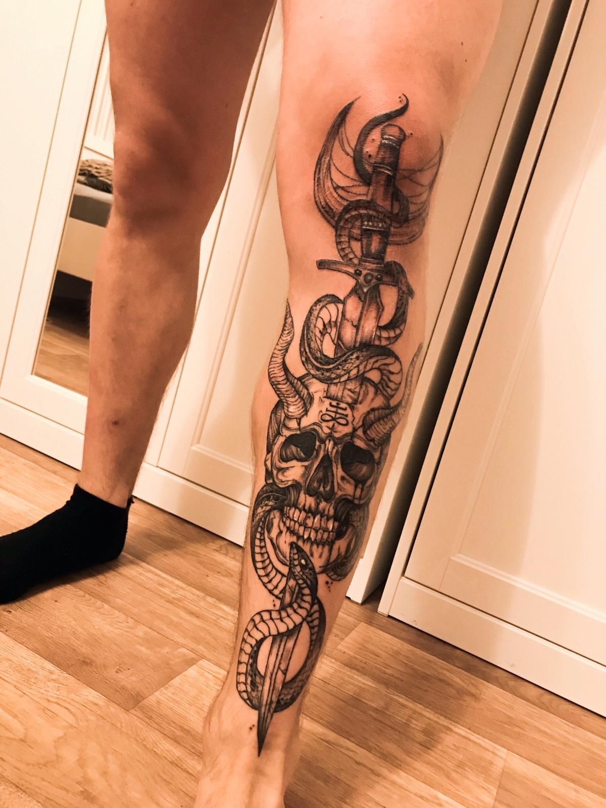 Tattoo uploaded by Tomáš Morkes • Skull, sword and snake on my