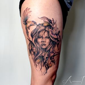 Earth Goddess Tattoo by Andreanna Iakovidis #earthgoddess #hummingbird #beautifulportraittattoo #goddess 