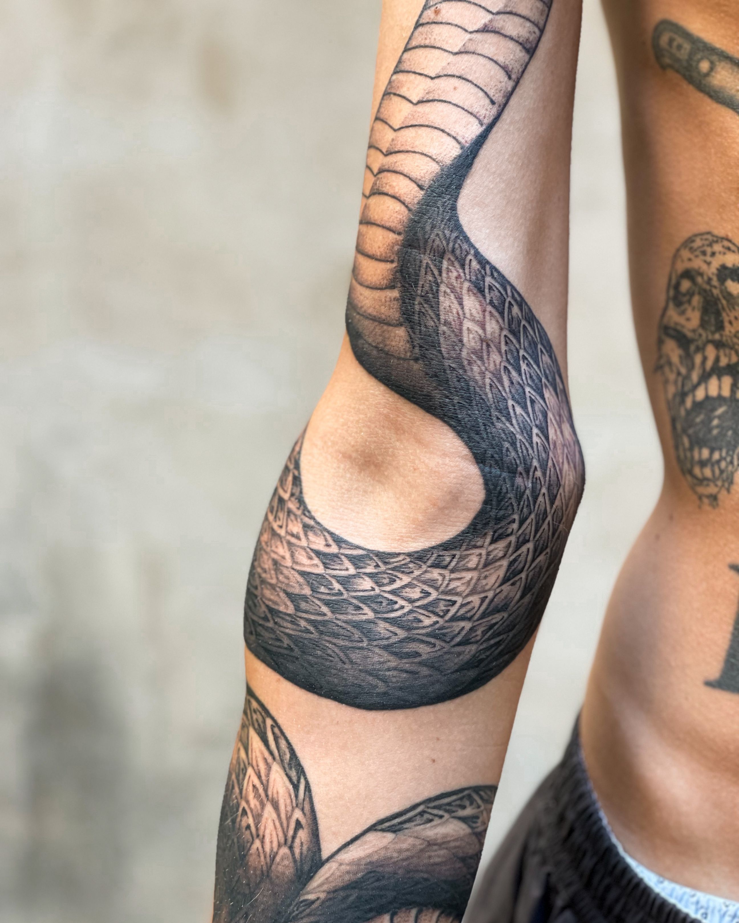Snake Skull Sleeve Tattoo by Three Kings Tattoo