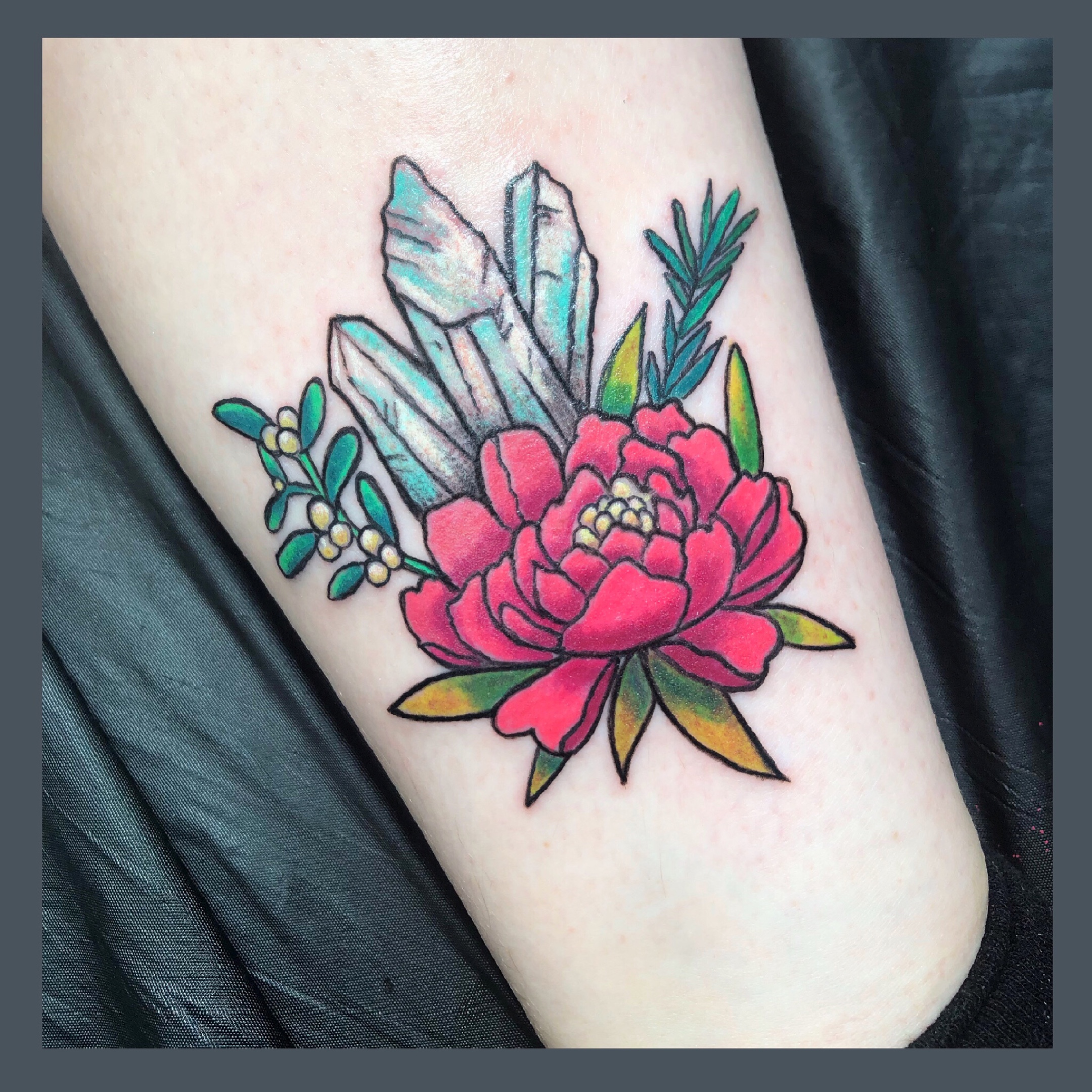 Tattoo Uploaded By Su Sooo Loved Creating This Magical One The Symbolism Peony Beauty Love Happiness Mistletoe Faithfulness Honesty Rosemary Protection Longevity Amplified With A Clear Quartz S Tattoodo