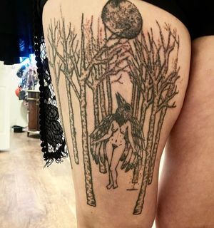 massive thigh piece with anthropomorphic birb babe birches and moon 