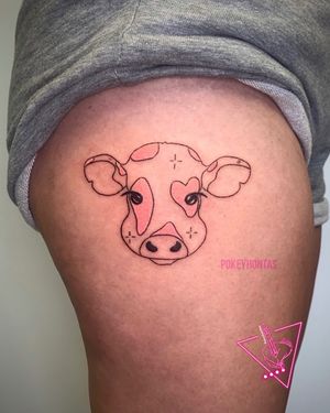 Hand-Poked Dairy Cow Colour Tattoo by Pokeyhontas @ KTREW Tattoo - Birmingham UK #handpoke #stickandpoke #stickandpoketattoo #cow #dairycowtattoo #colour #hiptattoo