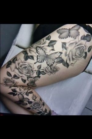 Leg Sleeve Tattoo With Roses and Butterflies