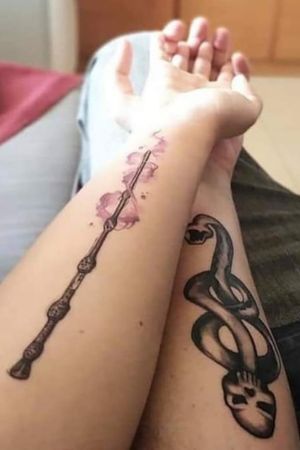 Harry Potter Matching Tattoos Water Color Elder Wand and The Death Eater Dark Mark #HP #HarryPotter #WaterColor #DarkMark #Matching #Forearm