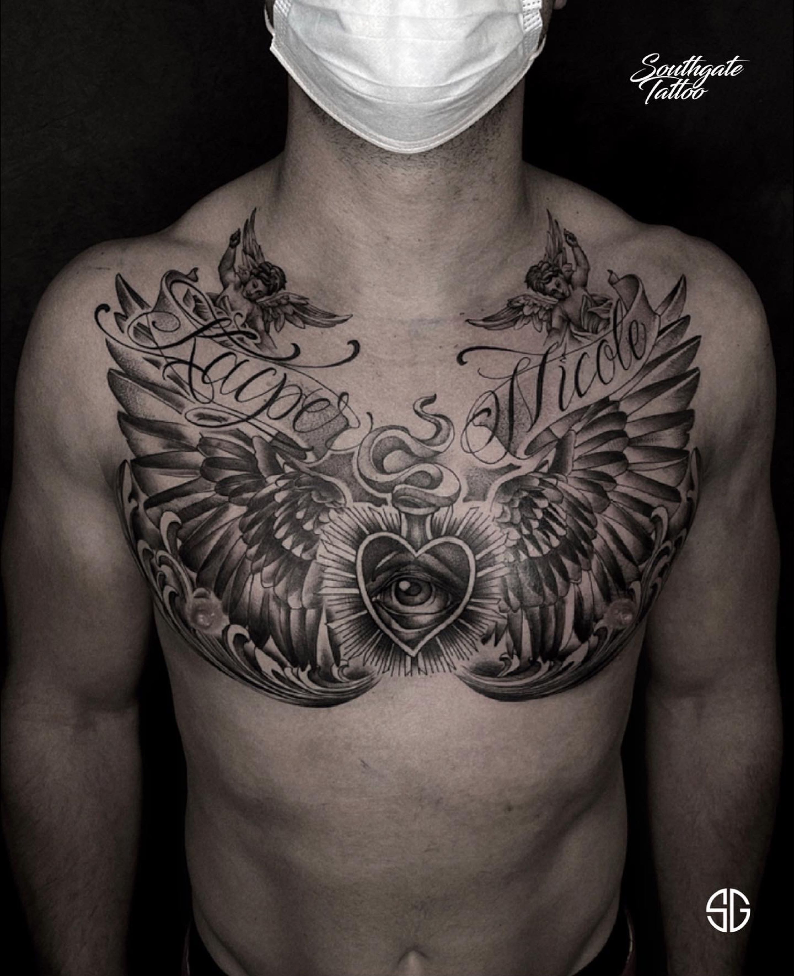 Tattoo uploaded by Southgate SG Tattoo & Piercing Studio • ♥️ custom chest  piece by our resident @. Book one for yourself:  👉🏻@southgatetattoo • • • #chesttattoo #blackwork #southgatetattoo  #sgtattoo #sg #customtattoo #