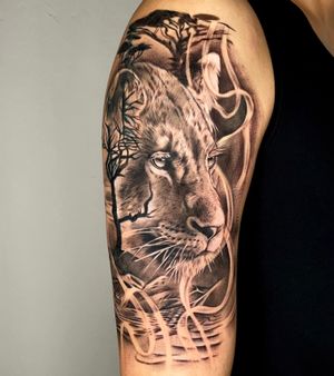 Female lion, shoulder tattoo