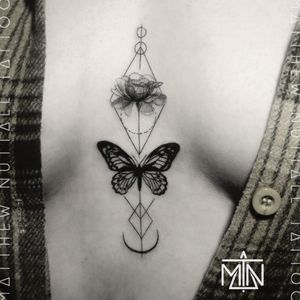 Fine line butterfly tattoo.Designed by Matthew Nuttall.#butterfly #flower #linework #matthewnuttall