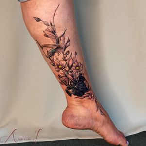 Hummingbird, Black Iris and Floral Coverup Tattoo by Andreanna Iakovidis