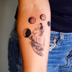 Wolf howling at the moon with barred owl feather tattoo by Andreanna Iakovidis