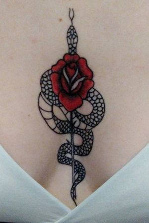 Chest tattoo done at Simone tattoo, Grenoble, France #underboobs #rose #blackandred #flower #snake #snakeandrose #geometric #lines