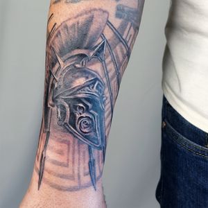 Spartan Helmet and Greek Keys Forearm Tattoo by Andreanna Iakovidis