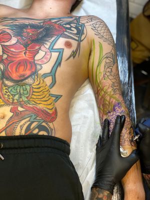 Raijin front tattooed around a decade ago; Dragon and Chrysanthemum sleeve in progress. 