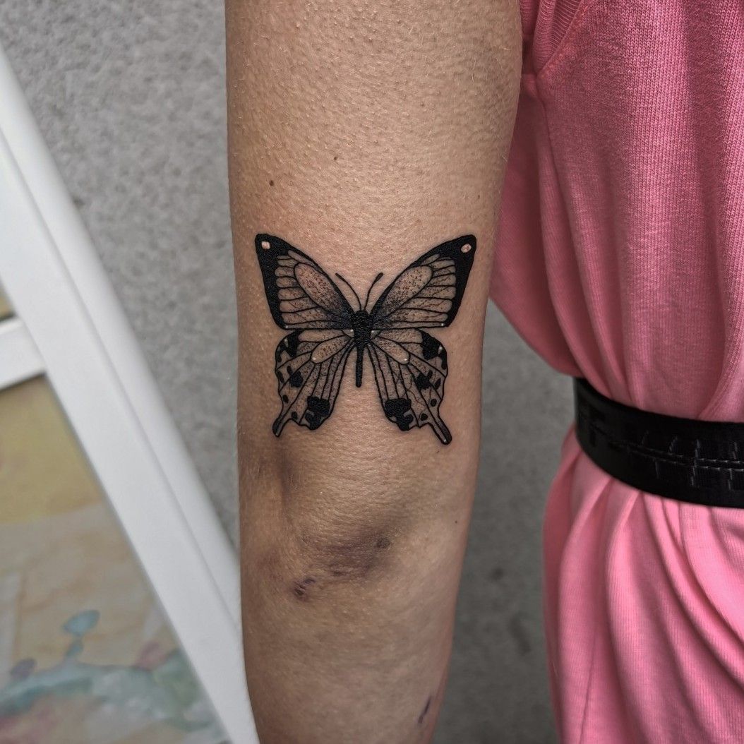 Tattoo tagged with small grey inner arm elbow black butterfly  animal tiny dino nemec little fine line insect  inkedappcom