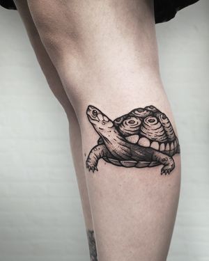 Black tattoo of a turtle. Done by Christian Eisenhofer