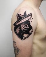Linocut style tattoo of a donkey wearing a sombrero. Done by Christian Eisenhofer