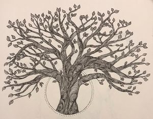 Grandmother tree with circle and dot embellishments