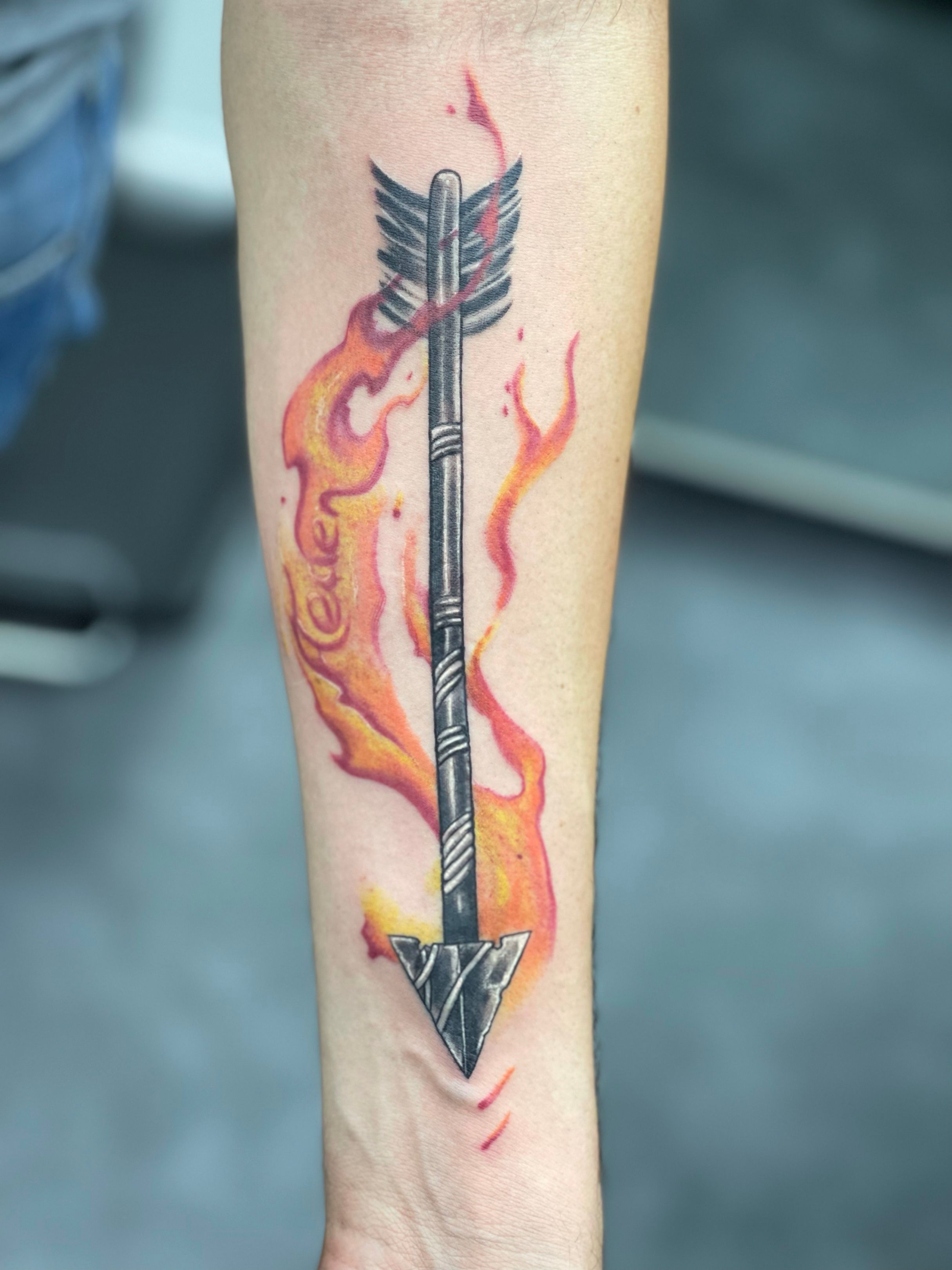 Defiance Tattoo Company - Little custom arrow on fire 🔥🤘 Tattoo by Jeremy  Woods Done with Family Tradition Stencil Axys Rotary PhucStyx TattooSupply  | Facebook