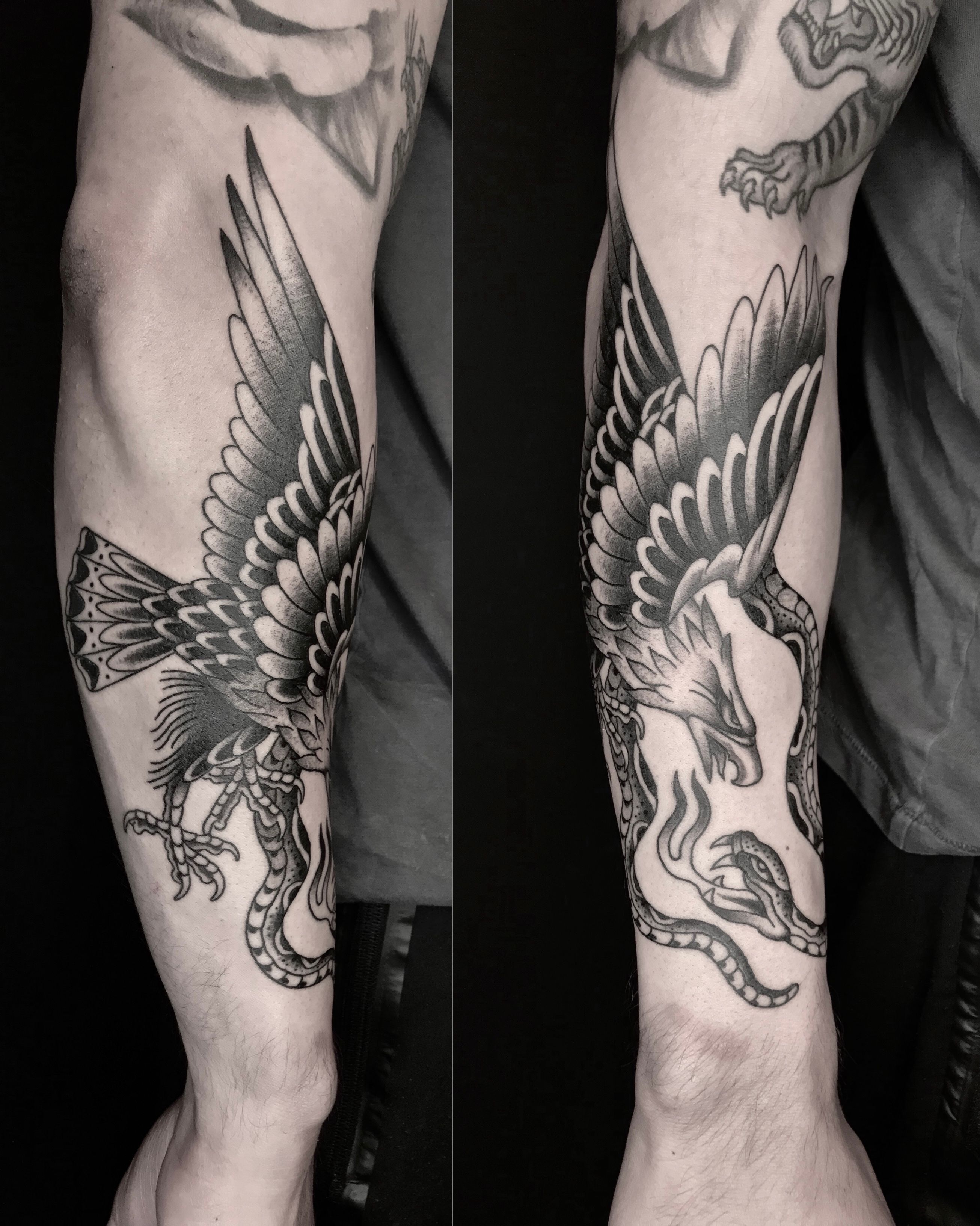 Tattoo uploaded by Nate Fierro • Black and grey eagle and snake wrapping  the right forearm. • Tattoodo
