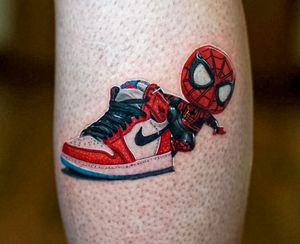 Tattoo uploaded by Charly Ávila Tattoo • Spiderman X Jordan #portrait  #realism #tattoo #art #ink #tattoo #charlyavila #blackandgrey #sneaker  #nike #spiderman #Jordan • Tattoodo