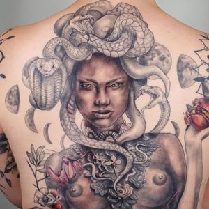 Medusa Close Up with Pomegranates and Moon Phases Back Piece Tattoo by Andreanna Iakovidis #Medusa #GreekMythology #Snakes #Pomegranates #Moonphases 