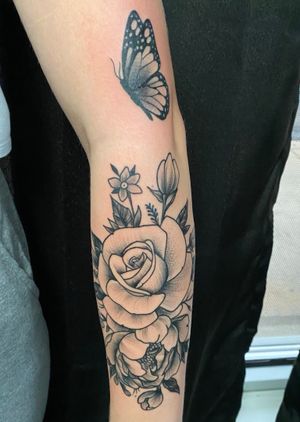 Black and grey/dot work flowers and butterfly