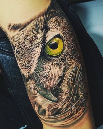 Owl #realismtattoo #owltattoo #eyes #colorrealism #owlportrait #armtattoo 