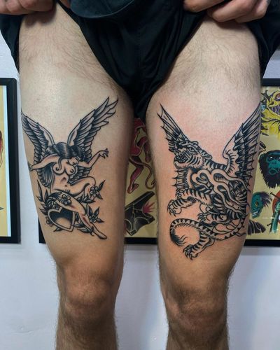 Black and Grey traditional leg pieces #blackandgrey #traditionaltattoos #legtattoos #tigertattoo #angeltattoo #thightattoo 