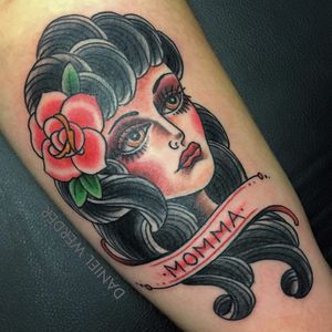 Traditional female portrait #traditional #colortattoo #traditionaltattoo #armtattoo 