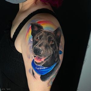 Vibrant rainbow and lifelike dog portrait tattoo on upper arm by artist Marie Terry.