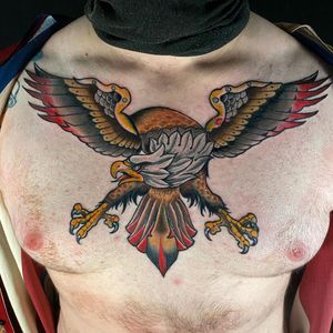 Get a stunning neo traditional chest piece featuring an eagle by tattoo artist Jethro Wood.