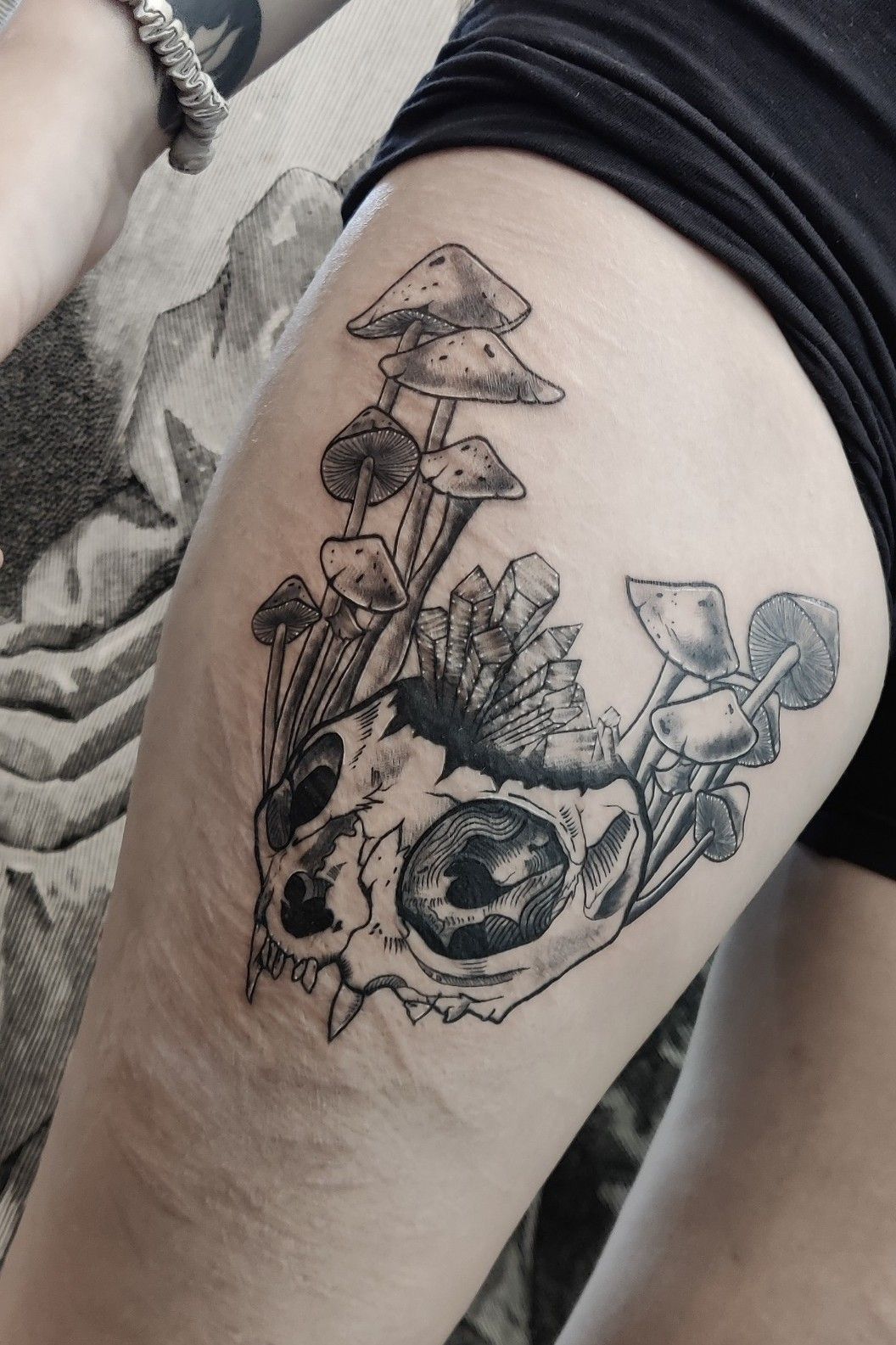 Cat skull and mushrooms done by Matteo at Giahi Zurich  rtattoos