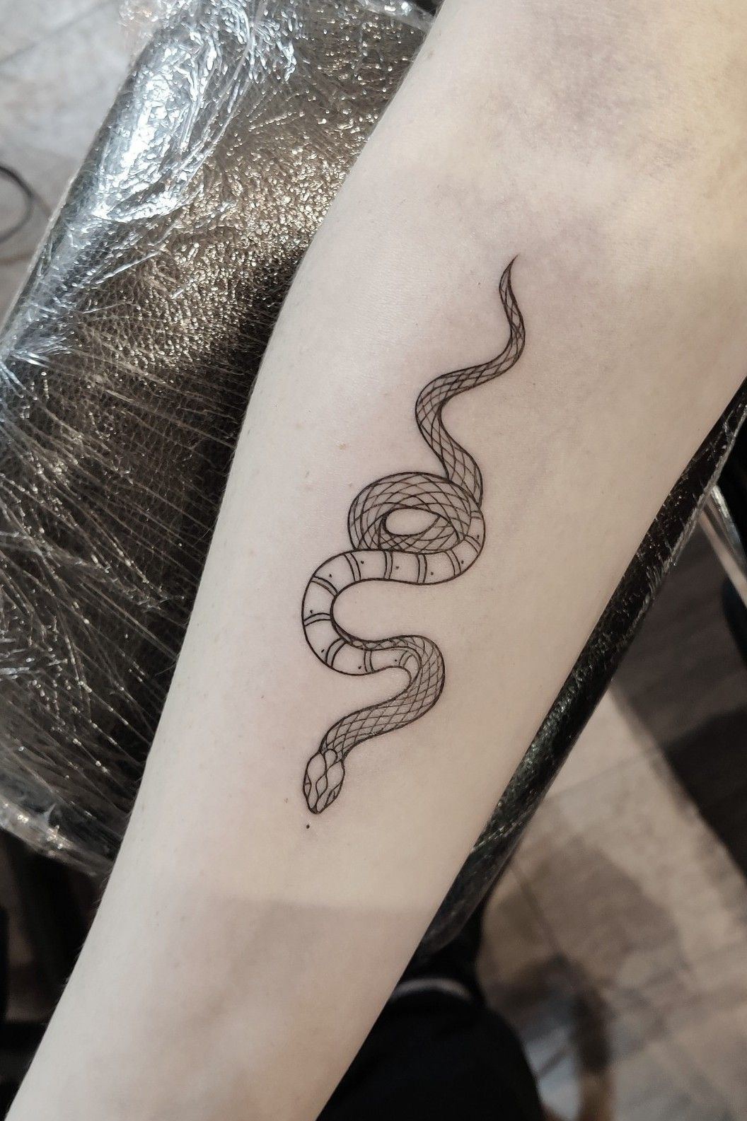 Simple snake wrapped around a crescent moon, from bottom up tattoo idea |  TattoosAI