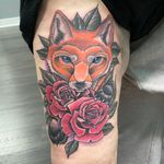 Fox and roses thigh tattoo
