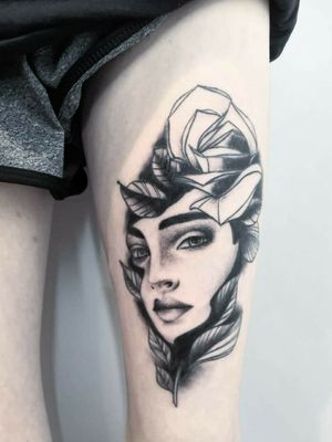 Admire the intricate details of this stunning lady tattoo by the talented artist Mary Shalla. Exquisite black and gray dotwork create a unique and elegant design.