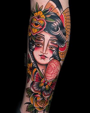 Four Eyed Lady #traditionaltattoo #eyes #colortattoo #flowertattoo #armtattoo 