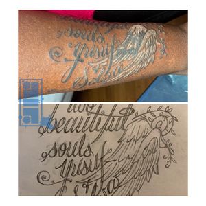 Angel wings w/names on client…#blackskin #forearmtattoos #byjncustoms