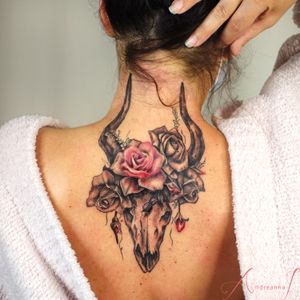 Antelope Animal Skull with Roses and Rose Buds Spine Neck Tattoo by Andreanna Iakovidis #skulltattoo #animalskull #skullandroses #skullandrosestattoo #necktattoosforwomen #skullnecktattoo