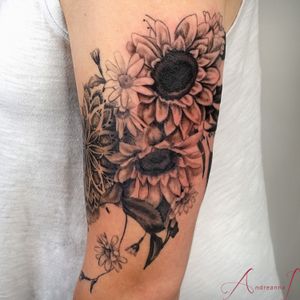 Sunflower, Daisy and Dotwork Mandala Tattoo WIP by Andreanna Iakovidis#sunflower #floralhalfsleeve #dotworkmandala #realisticsunflowers