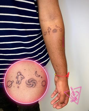 Hand-Poked Space Astronaut Tattoo by Pokeyhontas @ KTREW Tattoo - Birmingham UK #handpoke #space #astronaut #moon #galaxy #sun #forearm #tattoo #birminghamuk