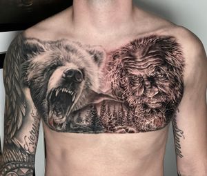 Full chest Bear tattoo Portrait Half fresh half healed #fullchesttattoo #chesttattoo #beartattoo #portrait By IG: christinachoi_sdt