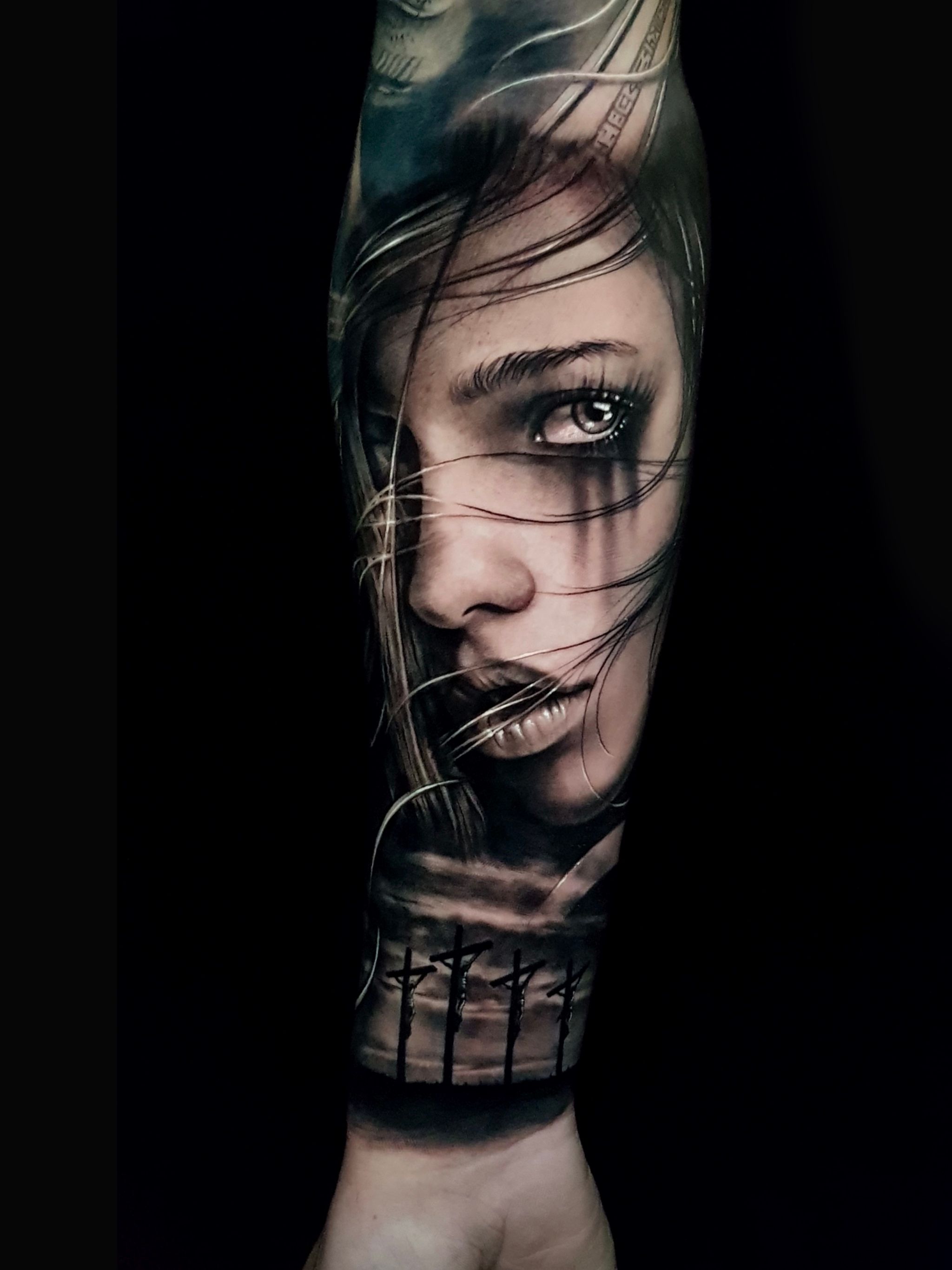 black linework tattoo with banner of female face crying 12120549 Vector Art  at Vecteezy