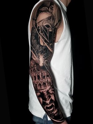 Roman Warrior and colloseum full sleeve———————————————————— #dariotattooarte #dariotattoo #fullsleeve #colloseum #romano #bng #sydney #graywash #skull #fkirons #skinartist #blackandgrey #details #tattooist #inkedmag #tattoosydney #totaltattoo #bnginksociety #inked #inksav #tattoorealistic #photorealism #tattooformen #romantattoo #roman 