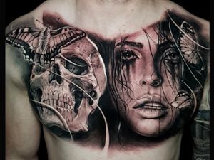 Full chest piece Custom Skull and woman portrait Done in 3 sessions at @Monarchtatsupplies ———————————————————— #dariotattooarte #dariotattoo #fullchest #bng #sydney #graywash #skull #fkirons #skinartist #blackandgrey #details #tattooist #inkedmag #tattoosydney #totaltattoo #bnginksociety #inked #inksav #tattoorealistic #photorealism #tattoogirl #womantattoo #butterflies 