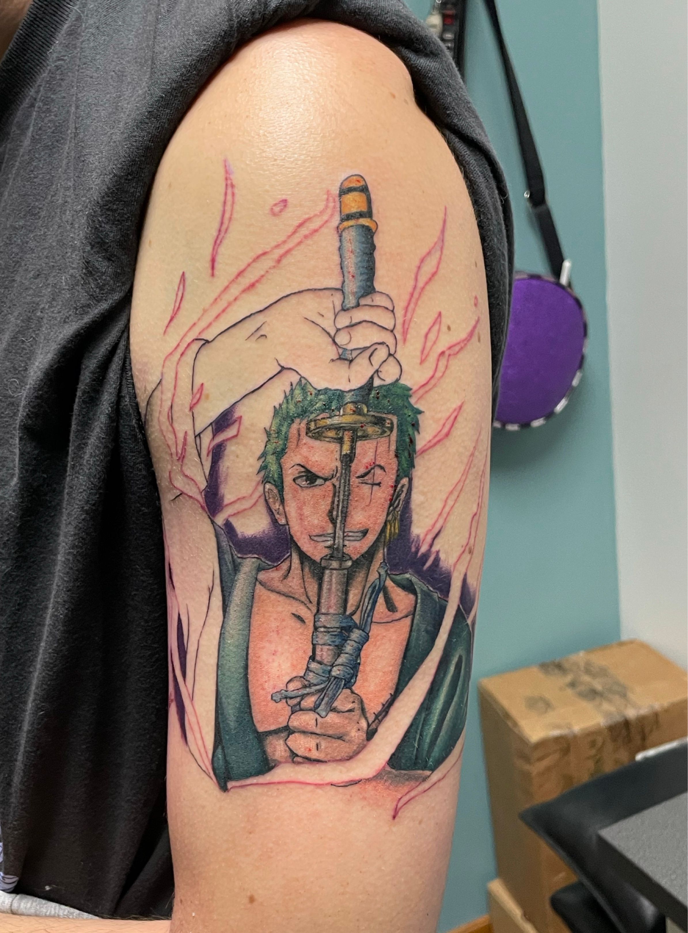 Sharing my Zoro tattoo Lets see some of your One Piece ink  rOnePiece