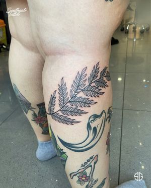 Cute fern branch addition to the ongoing traditional leg sleeve by our resident @nicole__tattoo Bookings/info: 👉🏻@southgatetattoo •••#ferntattoo #southgatetattoo #sgtattoo #londonrealistictattoo #londontattooartist #londontattoos #legsleevetattoo #traditionaltattoo #southgate #enfield #black #outline #fernbranchtattoo 