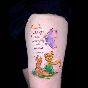 Delicate watercolor fox paired with small lettering quote on upper leg by artist Sandro Secchin.