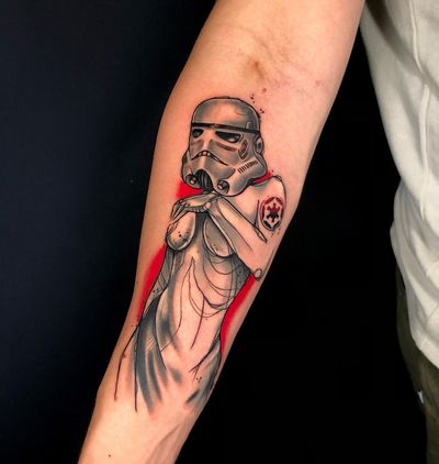 Get a futuristic twist on classic Star Wars with this anime new school stormtrooper helmet tattoo by artist Sandro Secchin.